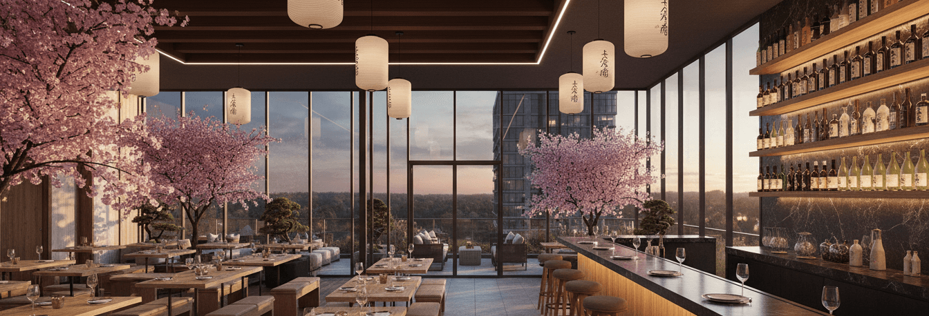 Dimly lit Japanese restaurant with warm lantern light and bold architectural lines.